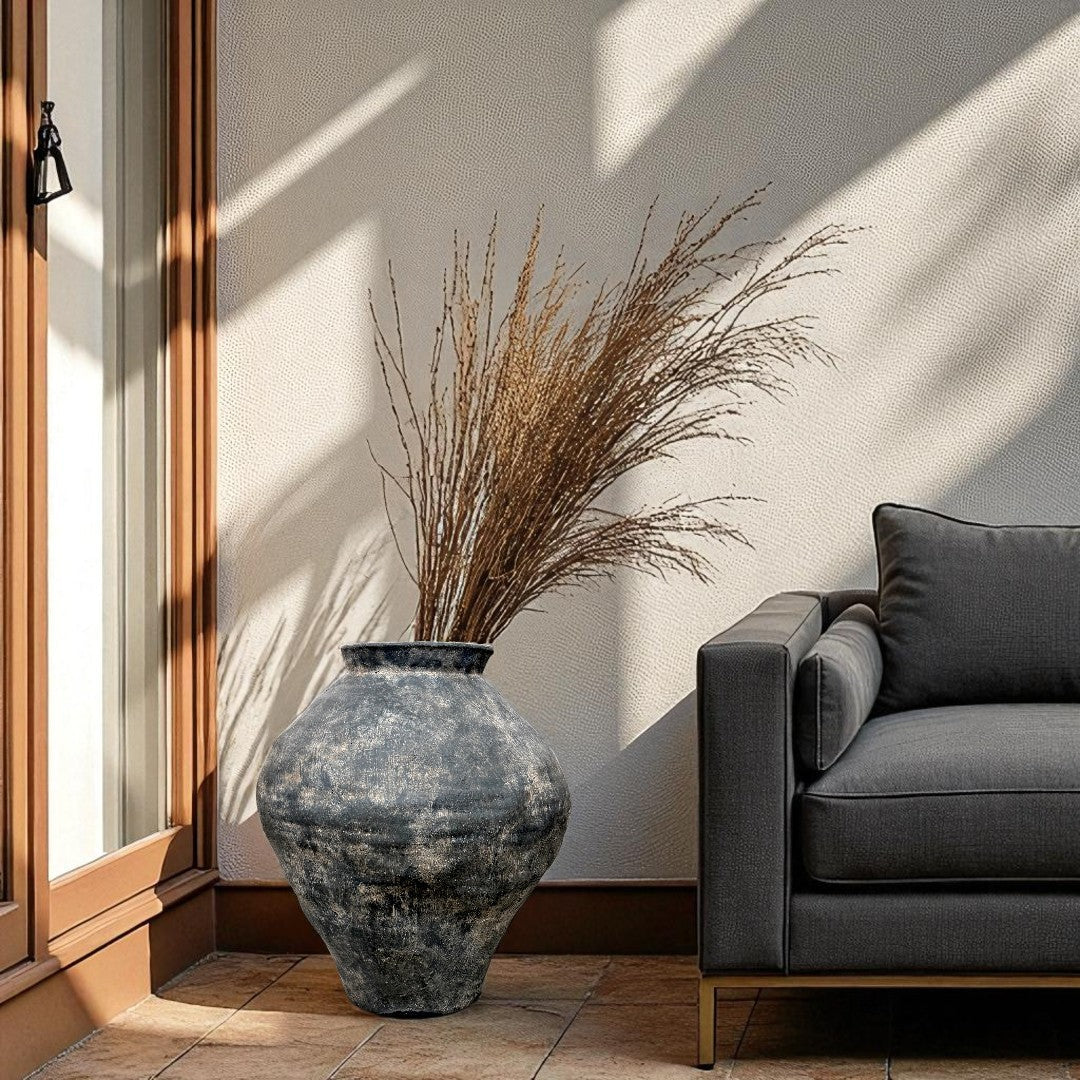 Mojave Rustique Fiber Clay Vessel, Hand-Painted in Weathered Black or Aged Terracotta, 15.7"D x 18.8"H