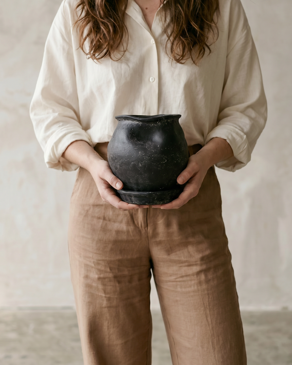 Odyssey Planter with Dish and Drainage Hole, Cement Pot in Weathered Black, 6"D x 6.5"H
