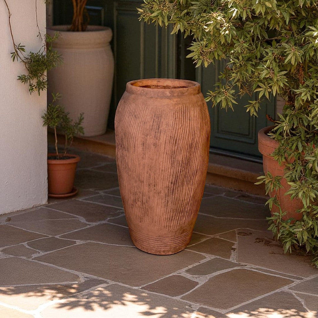 Pompeii Colossus, Fiber Clay Vessel in Burnt Sienna, Weathered Black or Aged Gray, 11"D x 20"H