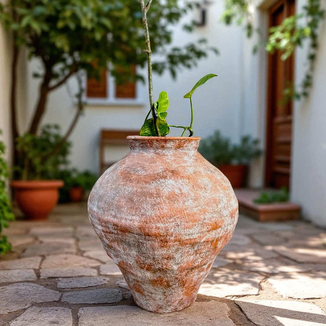 Mojave Rustique Fiber Clay Vessel, Hand-Painted in Aged Terracotta or Weathered Black, 15.7"D x 18.8"H