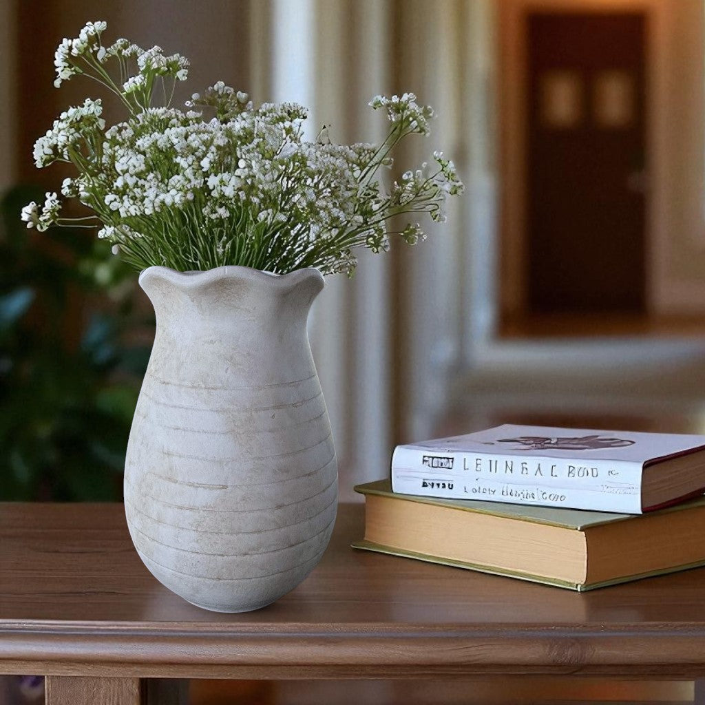 Sable Scalloped Crock, Terracotta Pot, Hand-Painted in Aged White or Earthly Brown, 6.2"D x 9.4"H