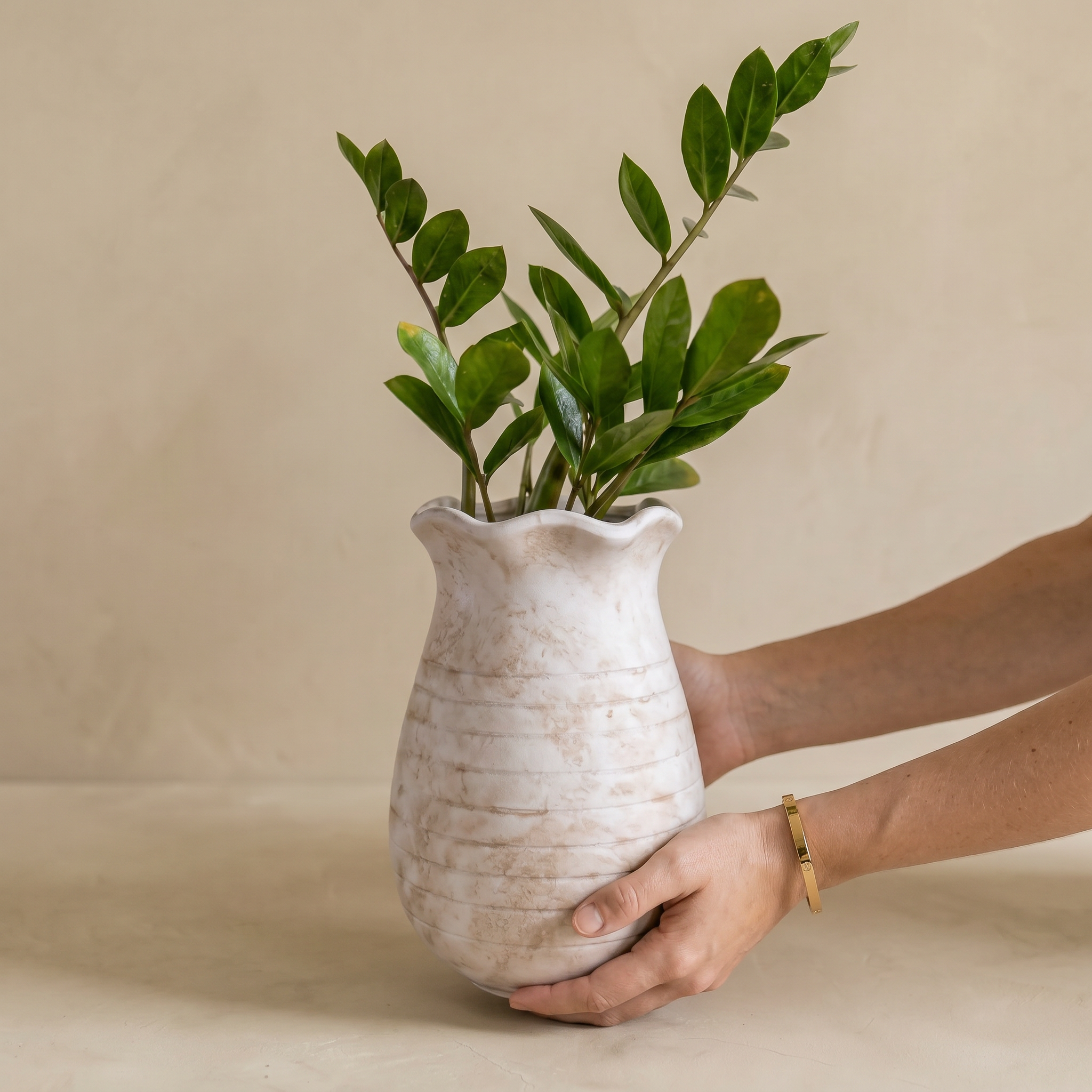 Sable Scalloped Crock, Terracotta Pot, Hand-Painted in Aged White or Earthly Brown, 6.2"D x 9.4"H