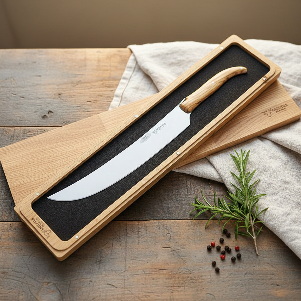 Boxed champagne saber on a rustic table with linen, rosemary and peppercorns