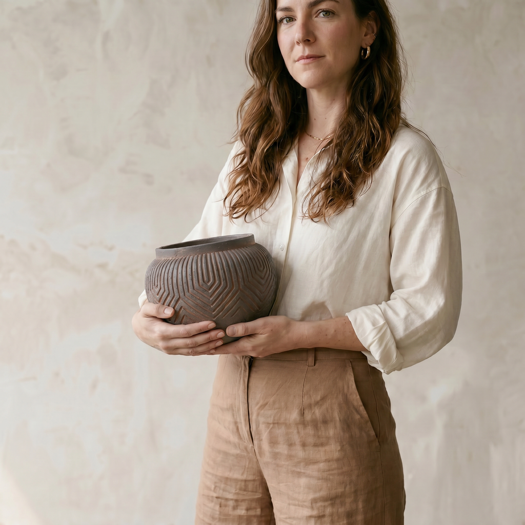 Linden Concrete Vessel in Rustic Umber or Natural Sandstone, 8"D X 6"H