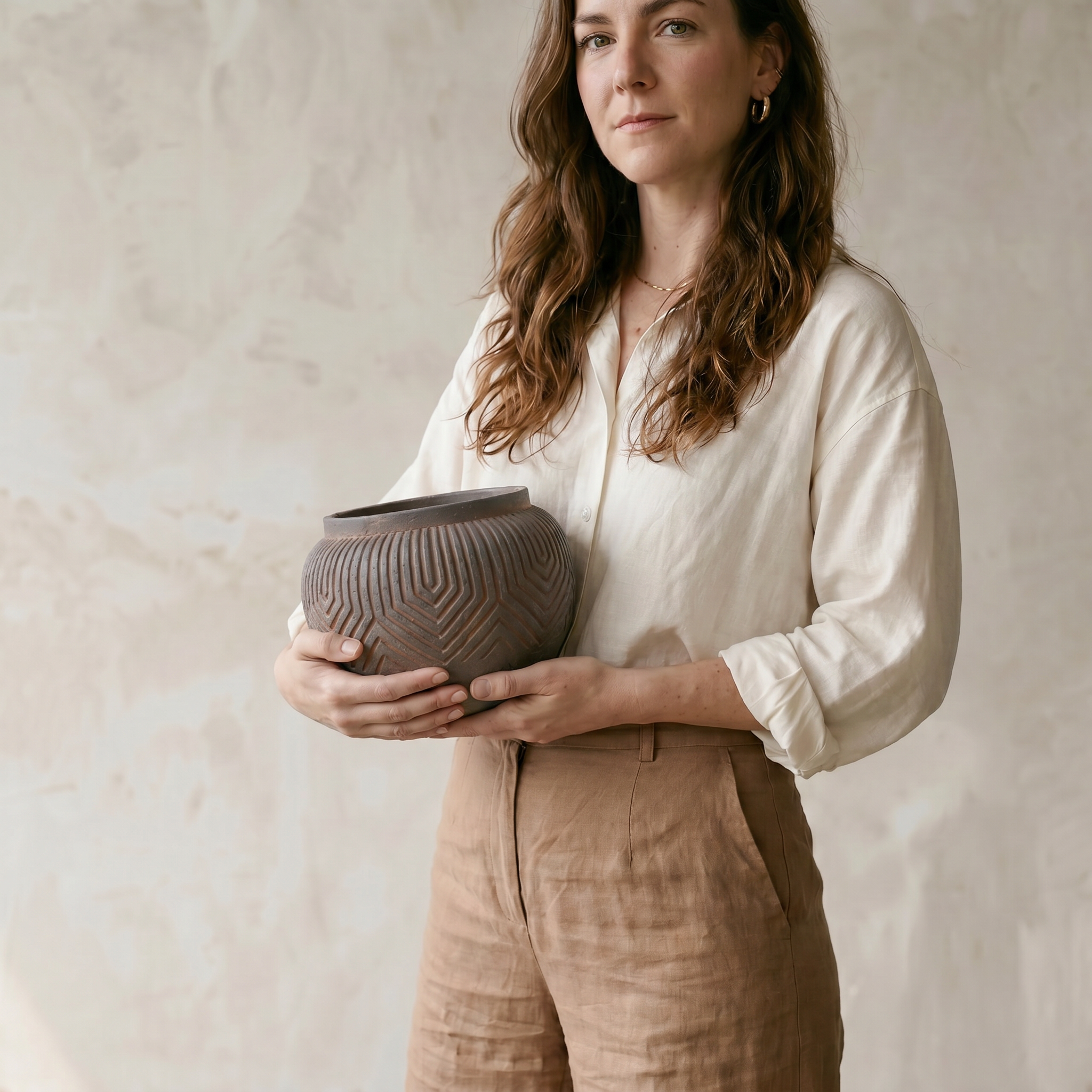 Linden Concrete Vessel in Rustic Umber or Natural Sandstone, 8"D X 6"H