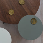Conrad coffee table walnut top and steel base detail