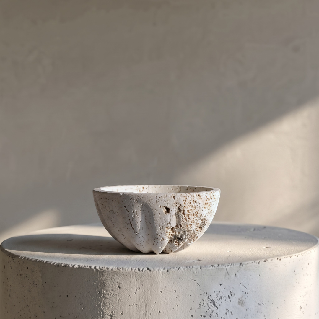 Corona Borealis, White Travertine mid-size bowl, curvilinear-edged Detail