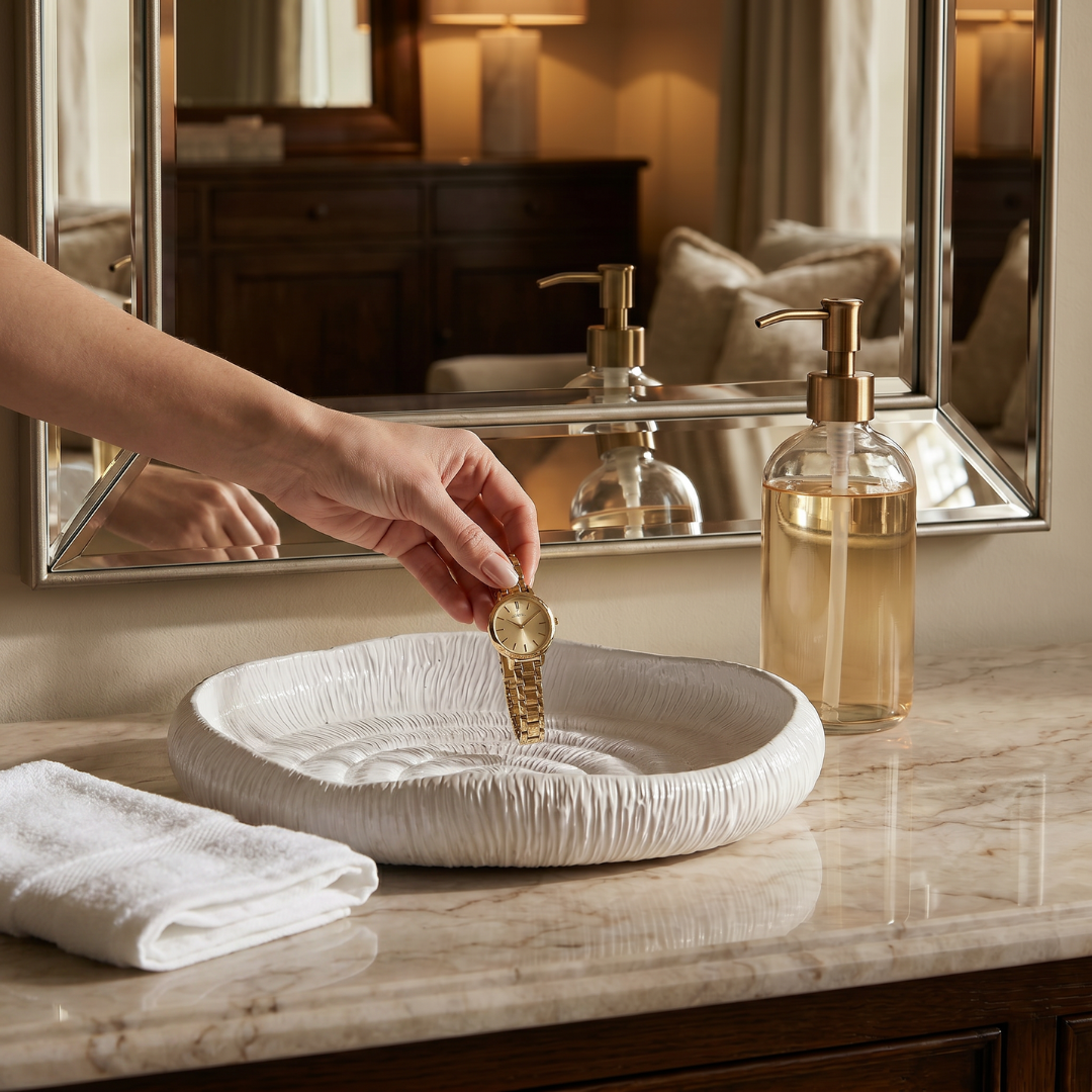 Zephyr Serving Tray, Artisan Cement Display Piece, Hand-painted in Linen White, 14.1"D x 2.3"H
