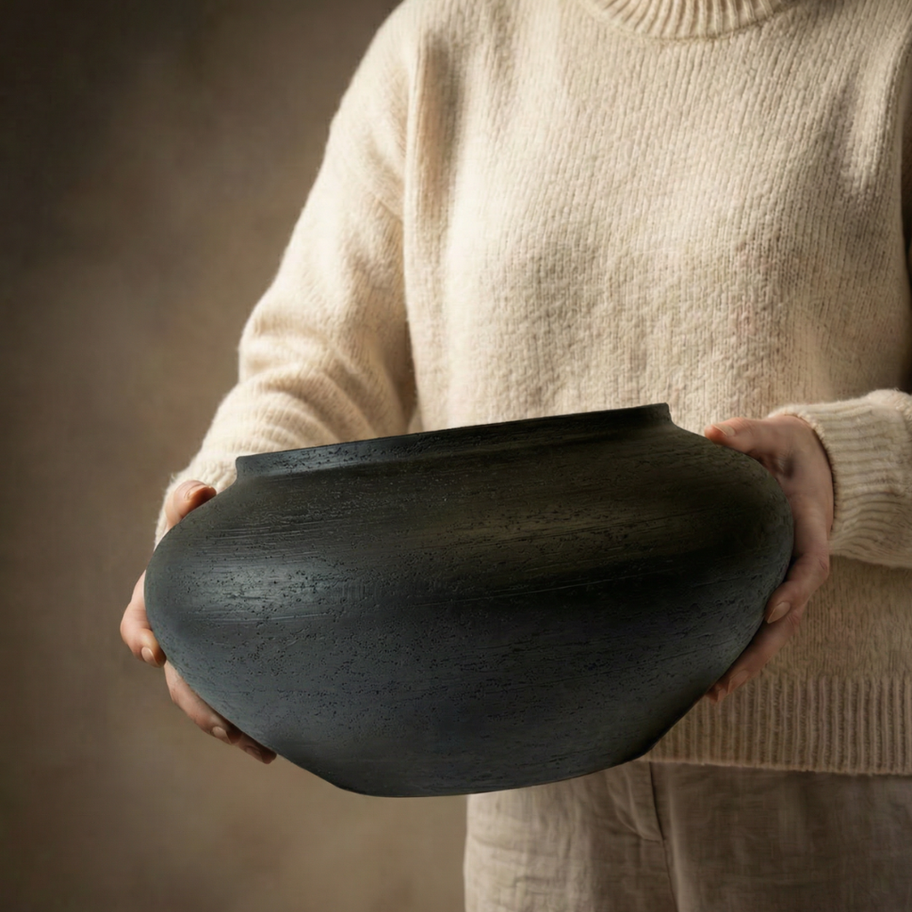 Milan, Terracotta Vessel, Handpainted in Jet Black, 12.5"D x 6.2"H