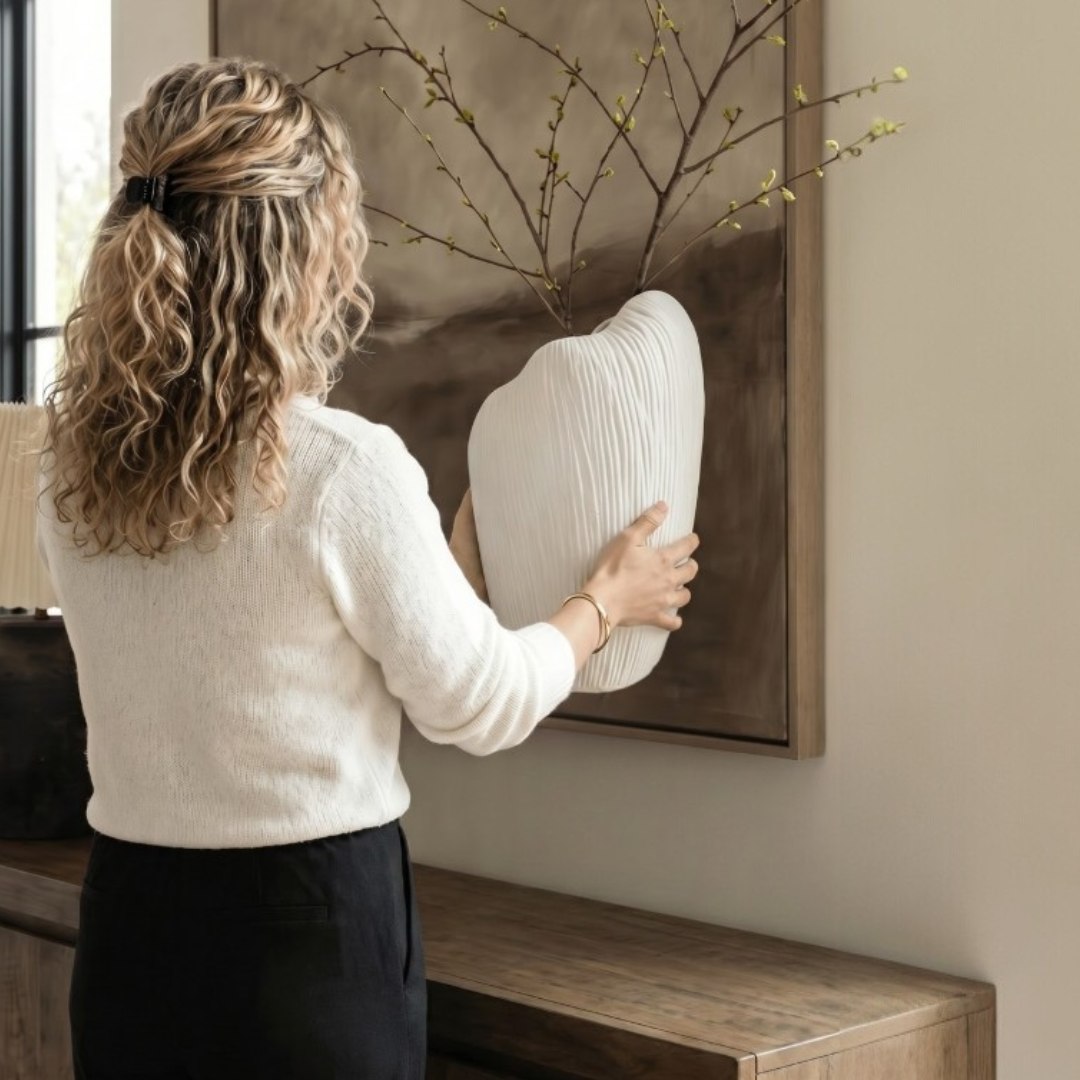 Zephyr Vasque, Artisan Cement Display Piece Hand-painted in Linen White, 8.2"D x 15.7"H