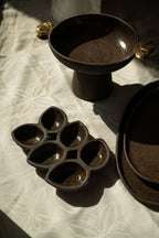 Stoneware Pedestal Fruit Bowl "Pumpernickel" with Gold Leaves