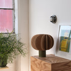 Fin Table Lamp side view showing ceramic to wood transition
