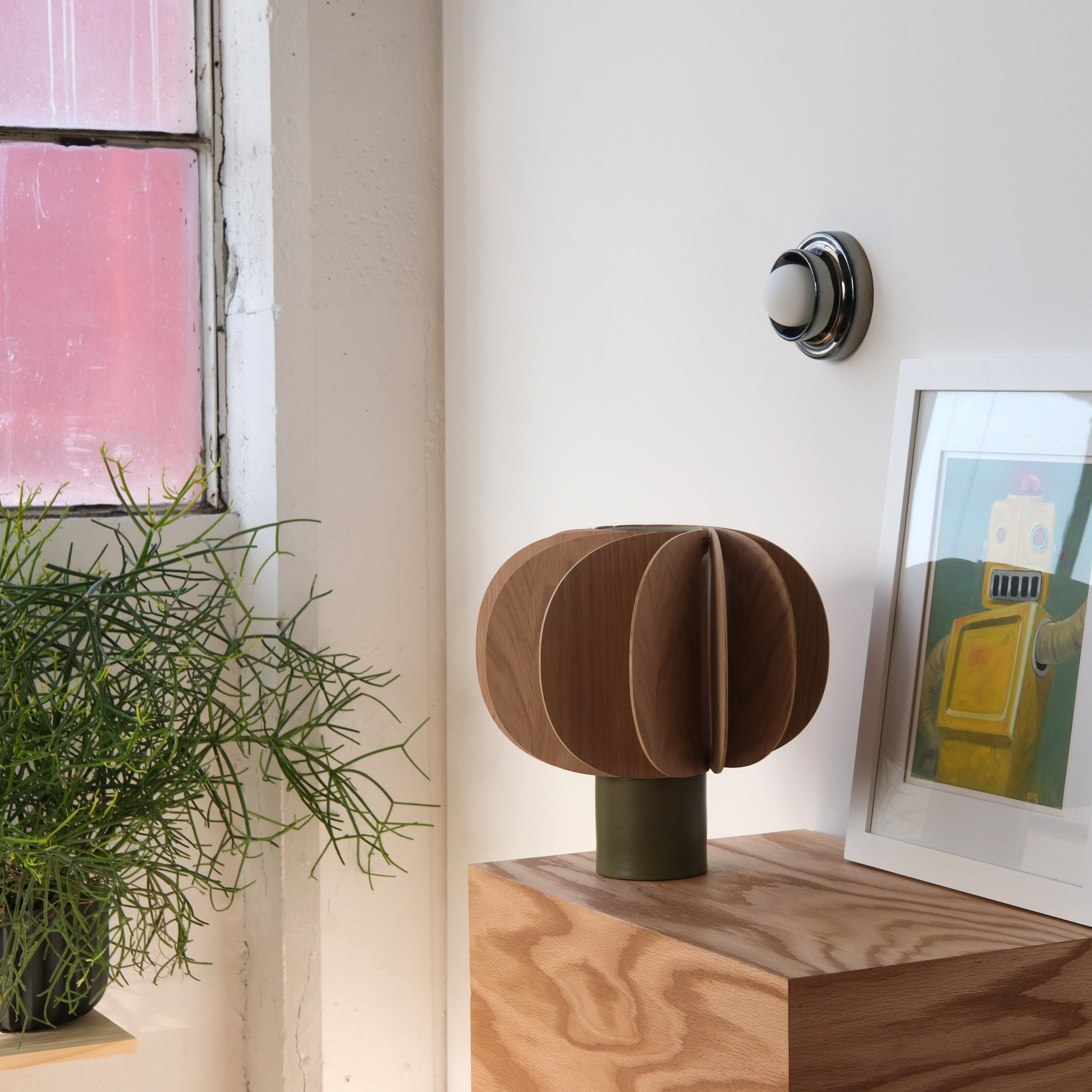 Fin Table Lamp side view showing ceramic to wood transition
