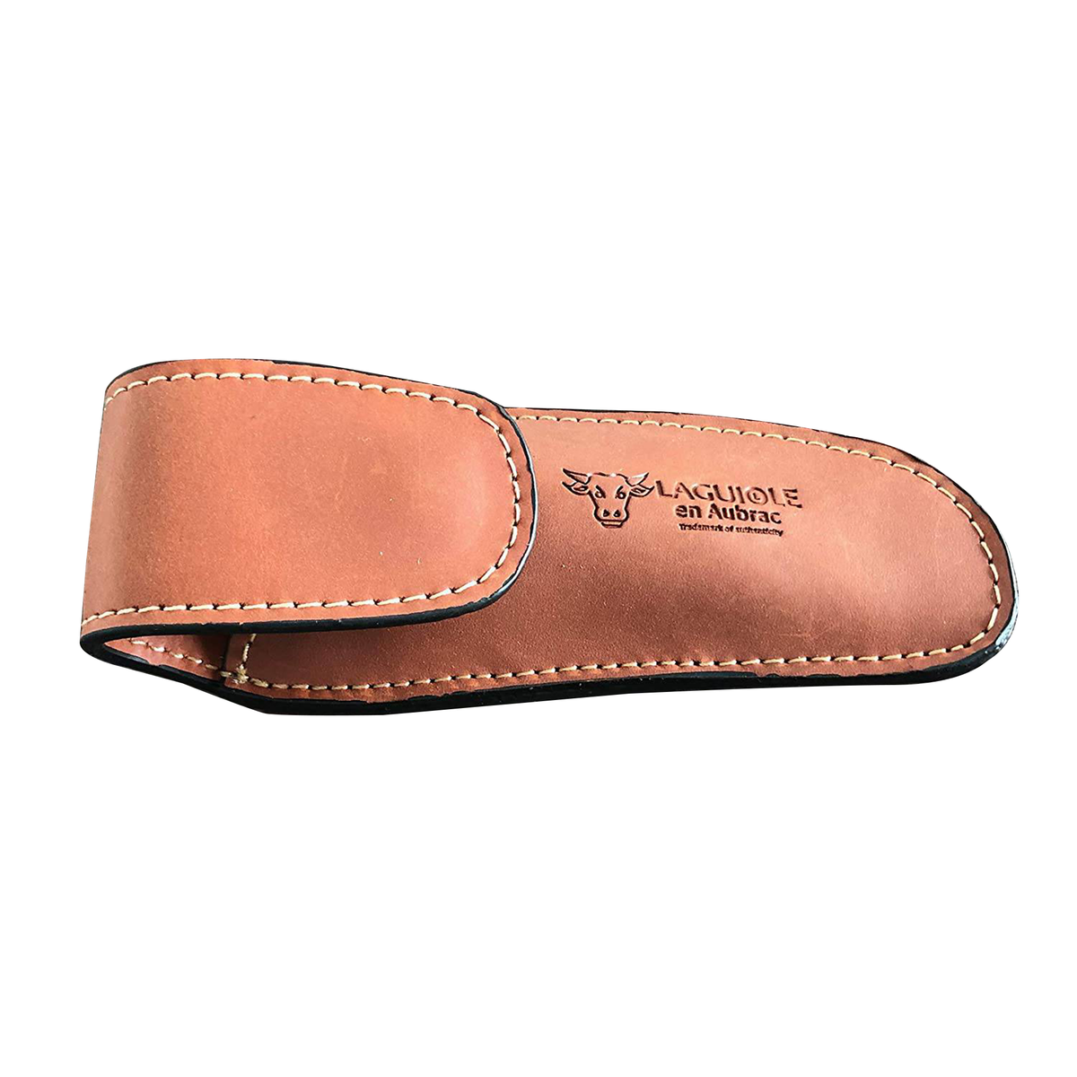 Laguiole brown leather knife sheath closed on a white background