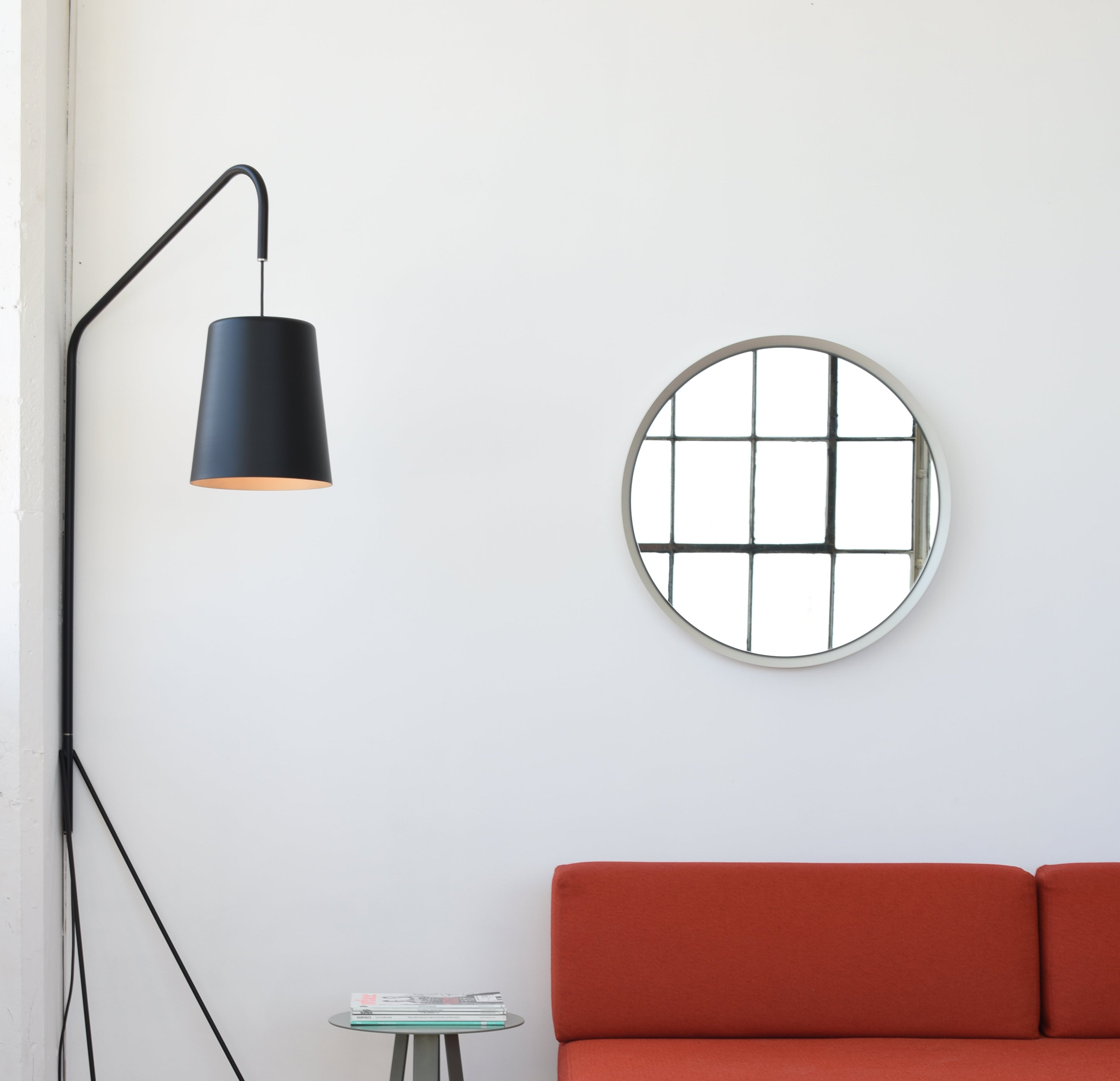 spun steel round mirror by Misewell