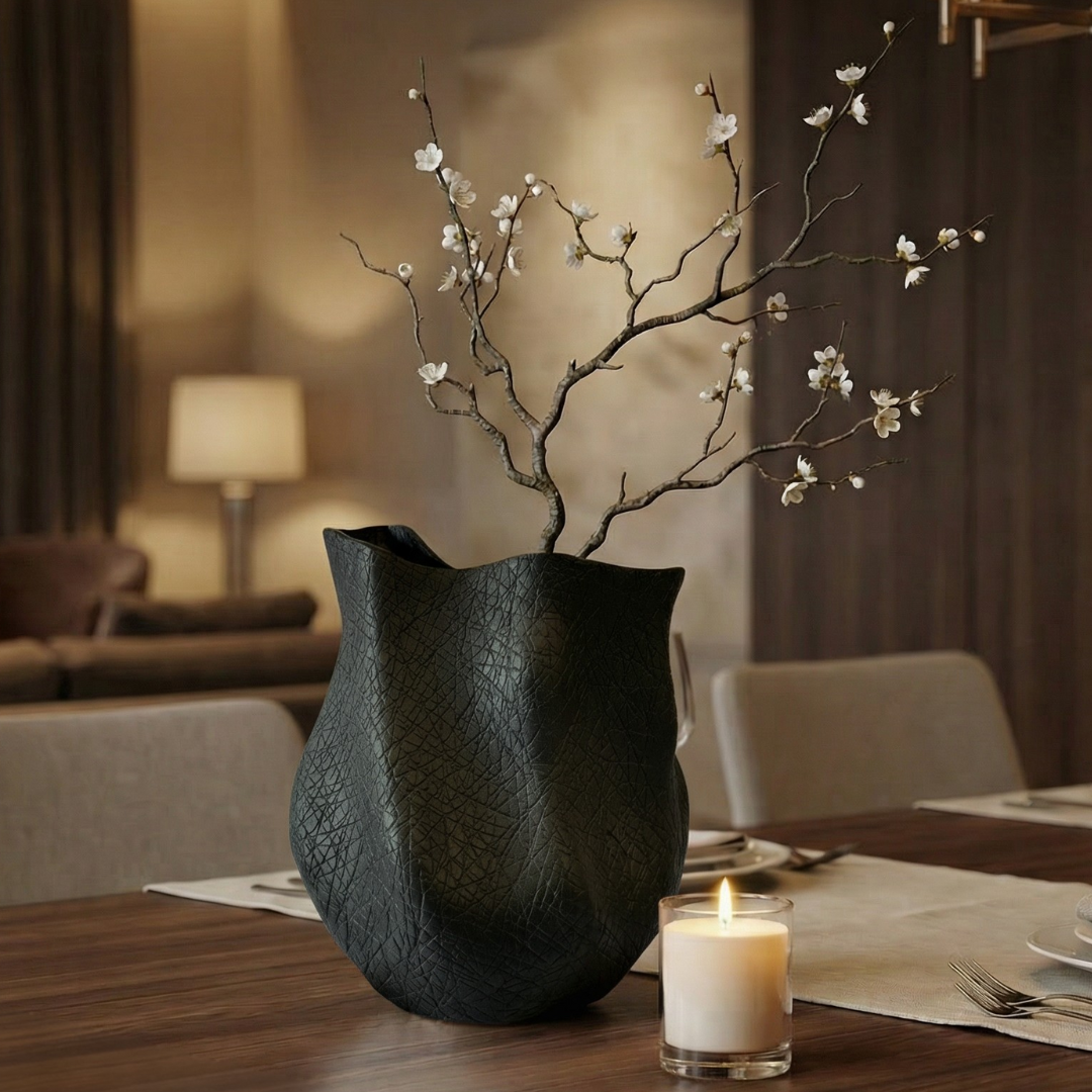 Everest Terracotta Vessel, Hand-painted in Jet Black or Linen White, 11.4"L x 10"W x 13"H