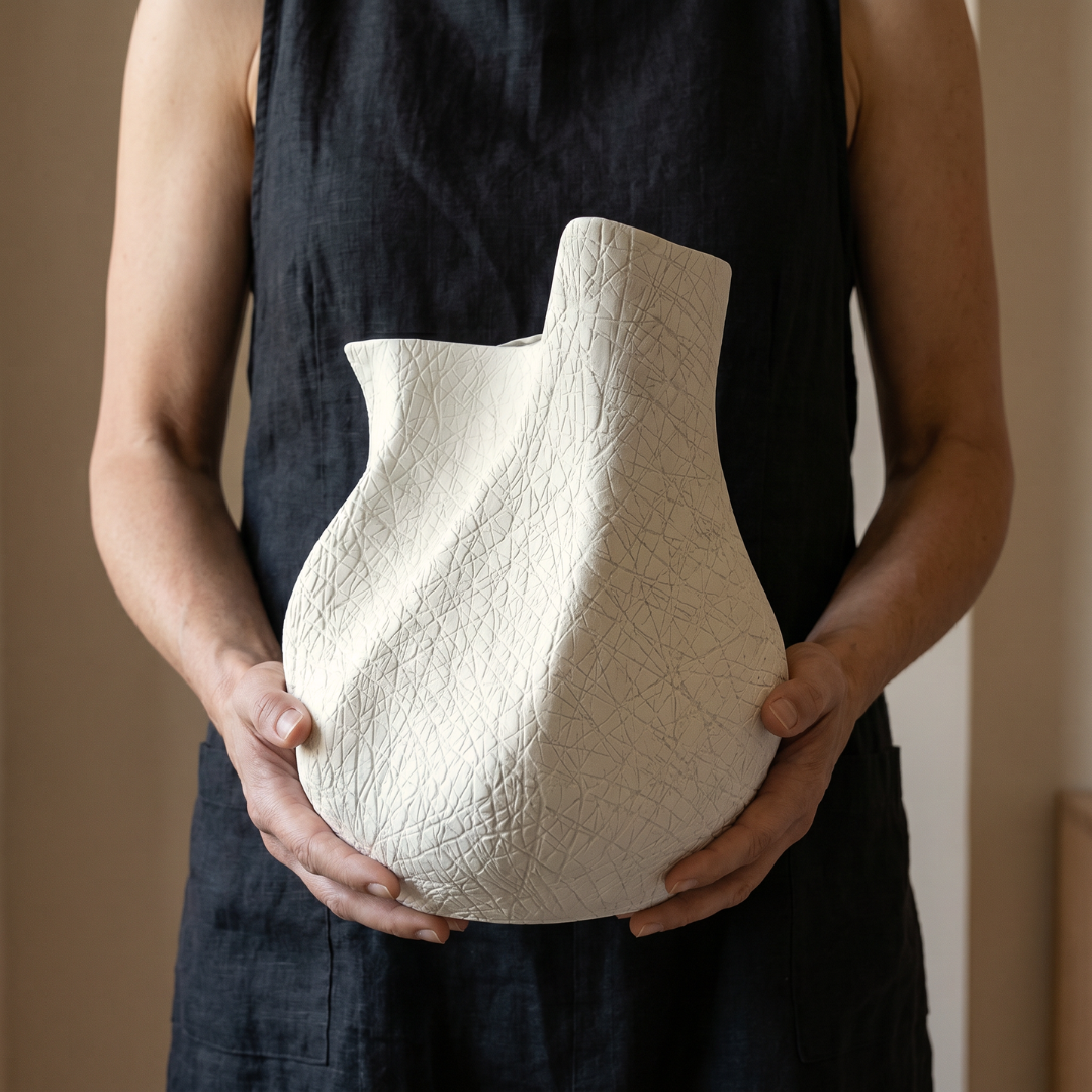 Everest Terracotta Vessel, Hand-painted in Linen White or Jet Black, 11.4"L x 10"W x 13"H