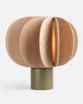 ceramic and wood table lamp in Moss glaze on a console