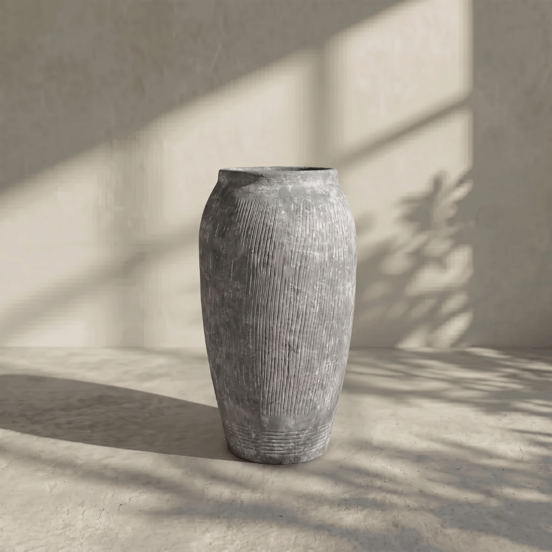 Pompeii Colossus, Fiber Clay Vessel in Burnt Sienna, Weathered Black or Aged Gray, 11"D x 20"H