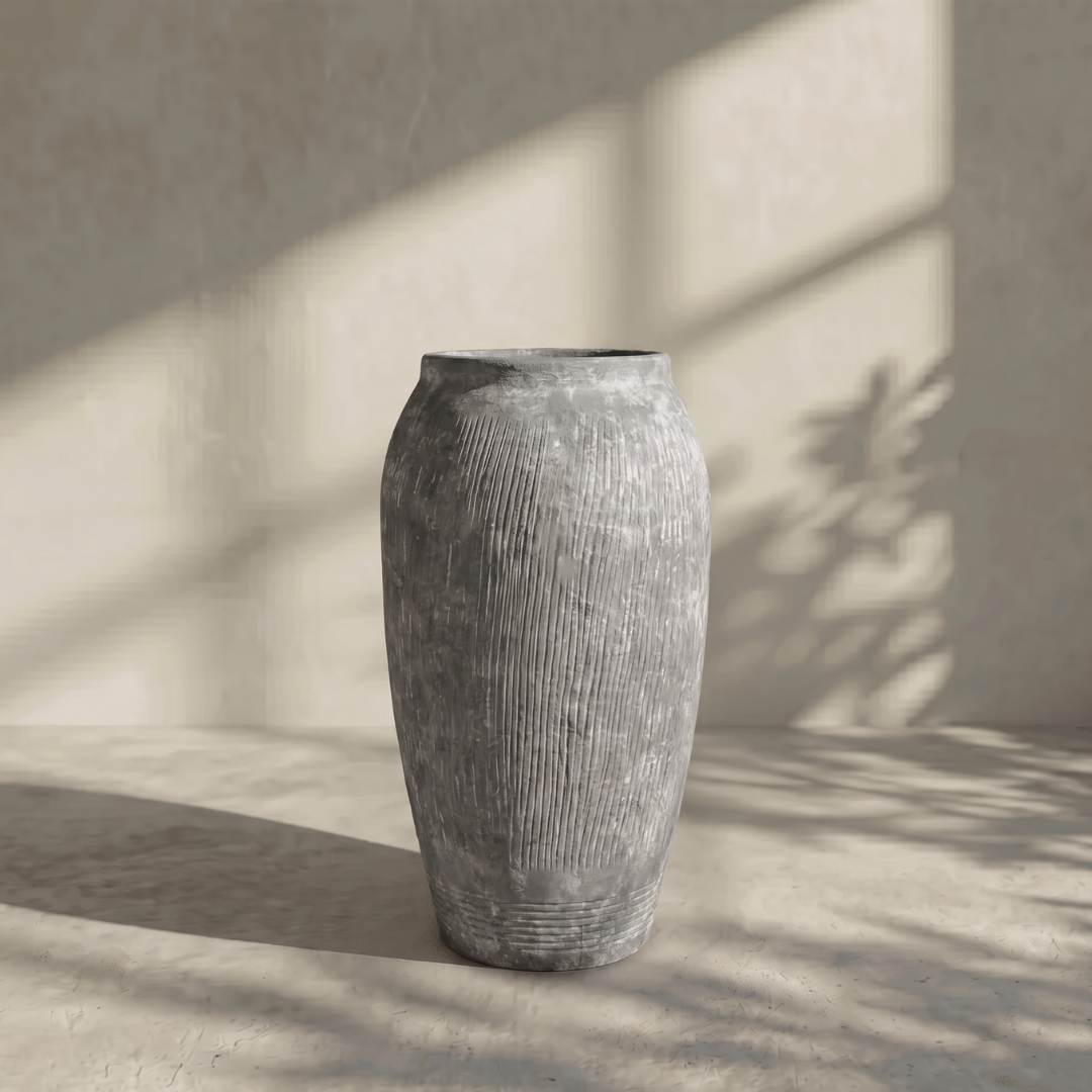 Pompeii Colossus, Fiber Clay Vessel in Aged Gray, Weathered Black or Burnt Sienna, 11"D x 20"H