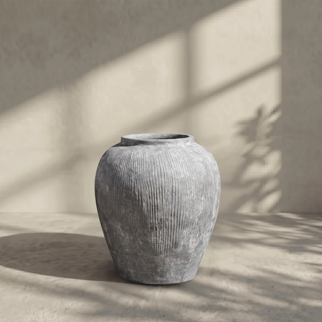 Pompeii Terranova, Fiber Clay Vessel in Weathered Black, Aged Gray, or Antique Umber, 14.1"D x 15.7"H