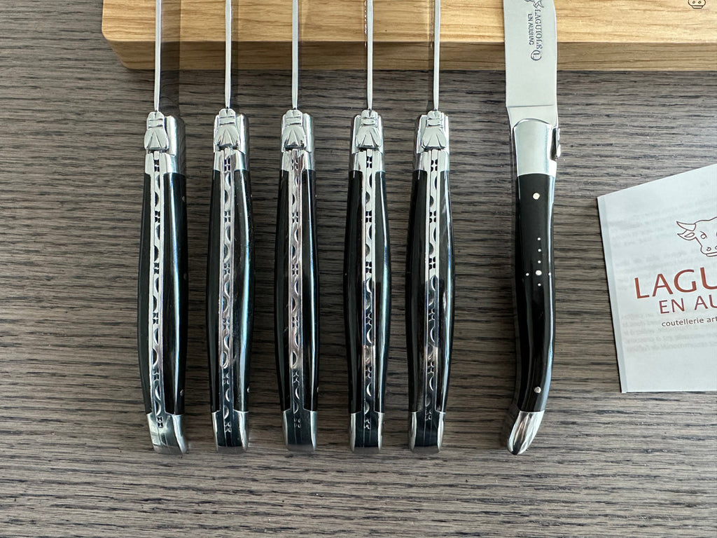 Row of steak knives standing on end next to the Laguiole en Aubrac booklet