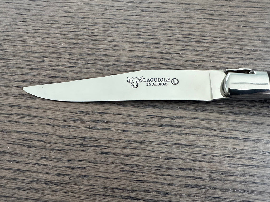 Single steak knife blade with the engraved logo on a wood surface