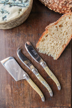 Laguiole 3 Piece Mini Cheese Utensil Set, Pale Horn in Wood Box with Acrylic Lid