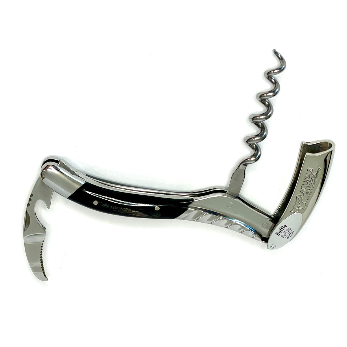 Opened corkscrew angled to show the carved top and spiral