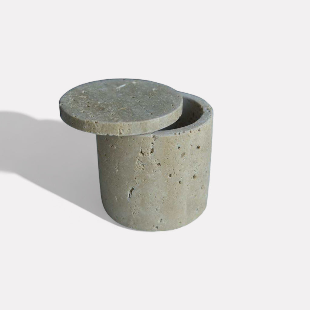 Rosalin Travertine Vessel with Lid, 3.9"D X 3.9"H