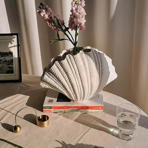 Coraline Terracotta Vase, Hand-painted in Linen White, 12.2"L x 8.2"H