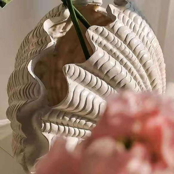 Coraline Terracotta Vase, Hand-painted in Linen White, 12.2"L x 8.2"H