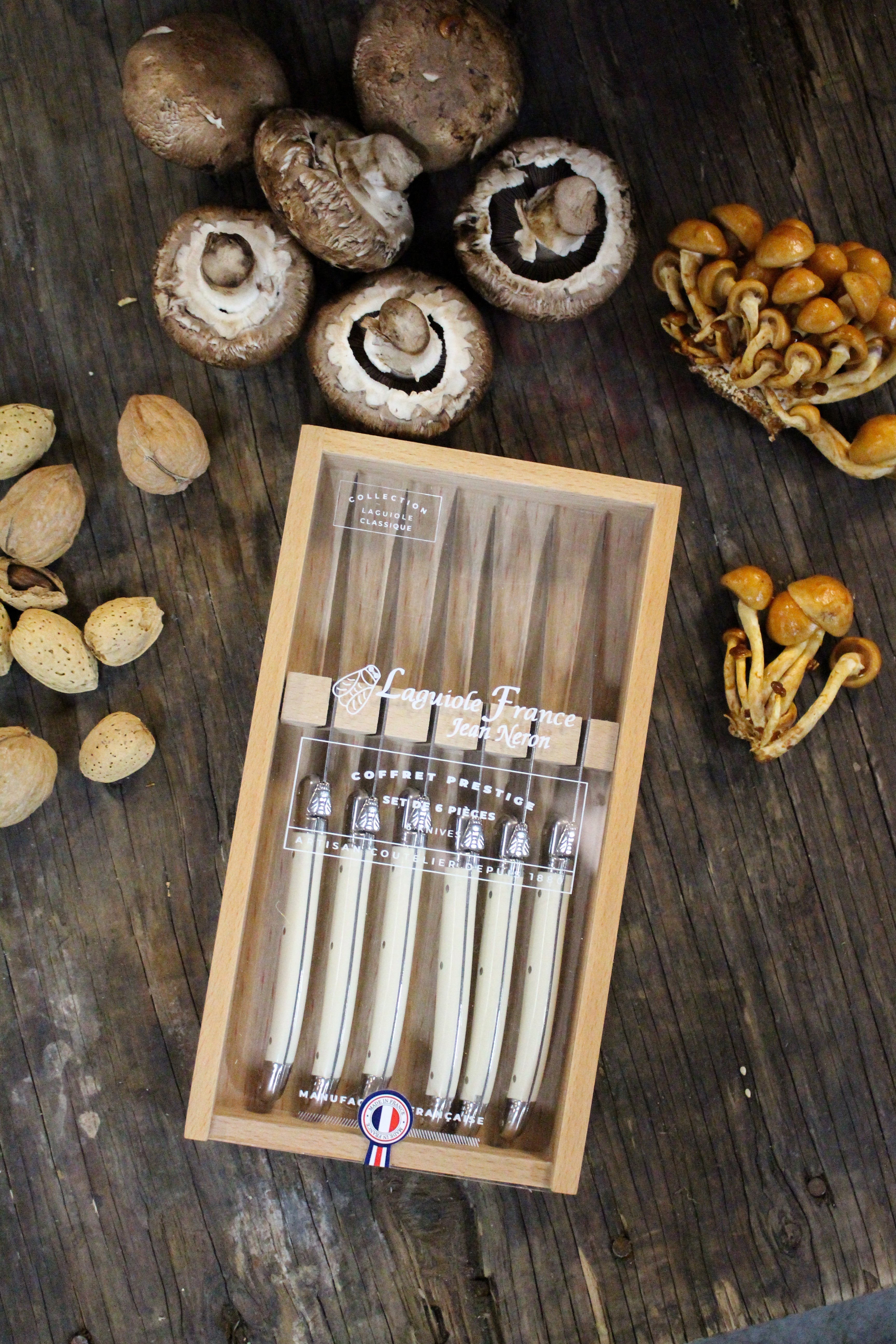 Laguiole 6 Piece Steak Knife Set, Ivory in Wood Box with Acrylic Lid