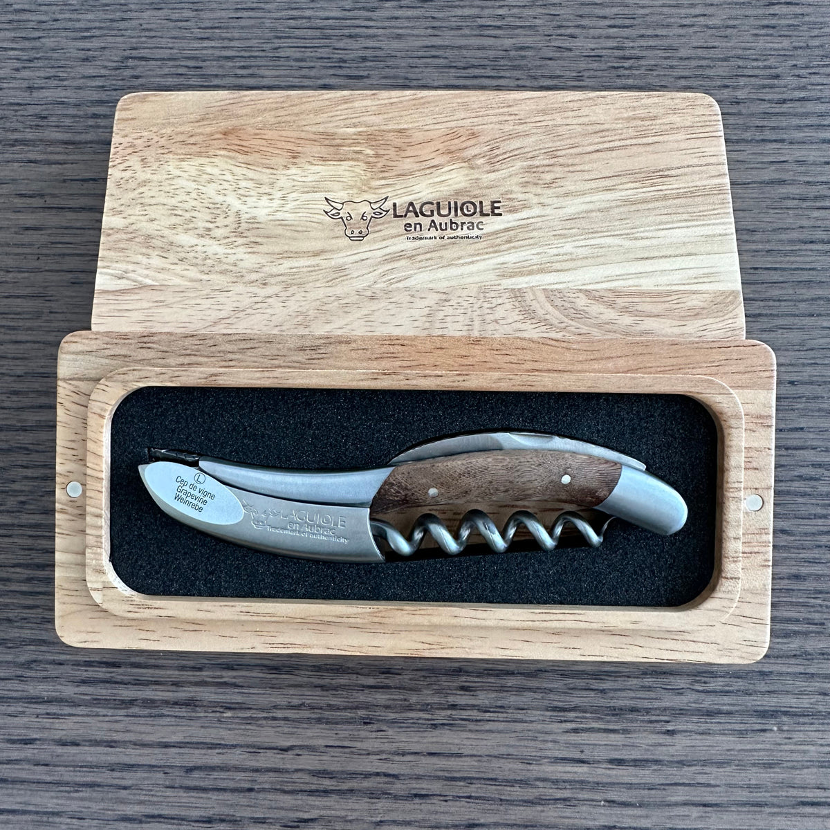 Grapevine wood corkscrew in an open French oak gift box