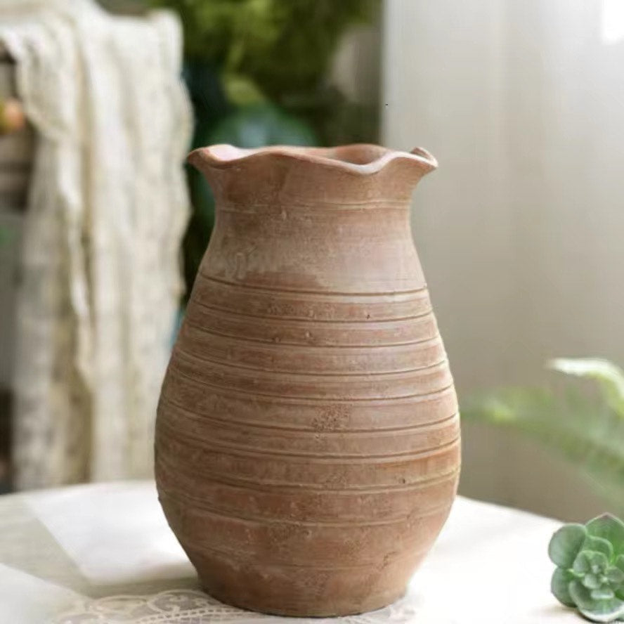 Sable Scalloped Crock, Terracotta Pot, Hand-Painted in Earthly Brown or Aged White, 6.2"D x 9.4"H