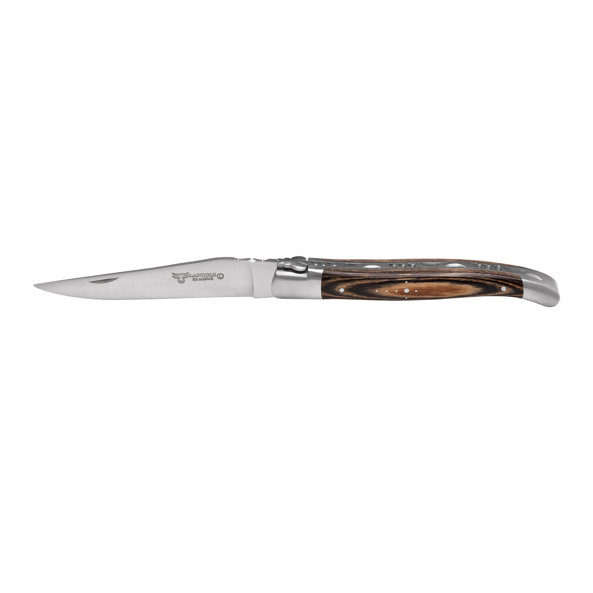 Folding knife with brown pakkawood handle