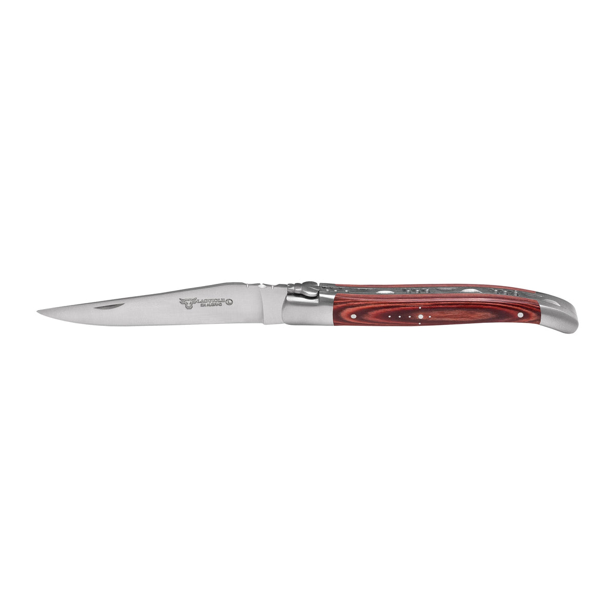 Folding knife with red pakkawood handle