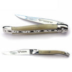 Horn handled folding knife half open above a fully open view of the same knife