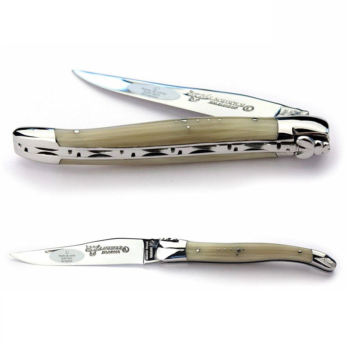 Horn handled folding knife half open above a fully open view of the same knife