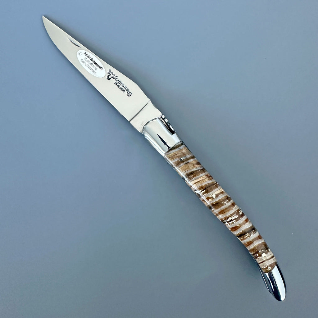 Open knife lying diagonally with the engraved logo on the blade