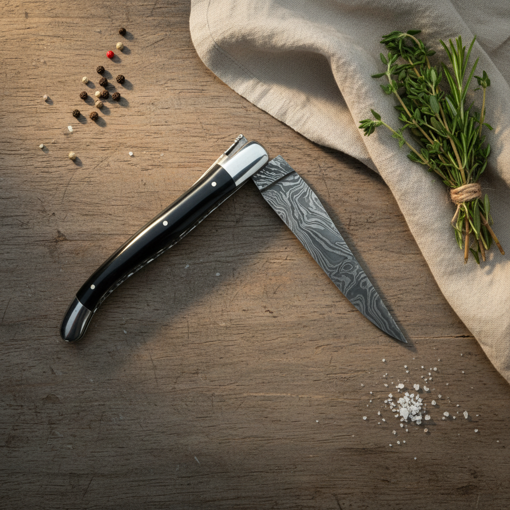 Half open knife on a dark wood table with peppercorns, herbs and linen
