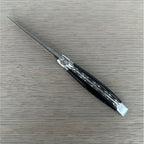 Open knife lying diagonally showing the black horn and filed plates