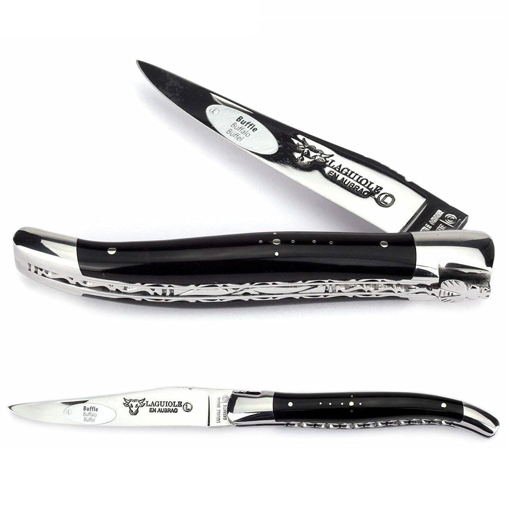 Black horn knife half open above a fully open view