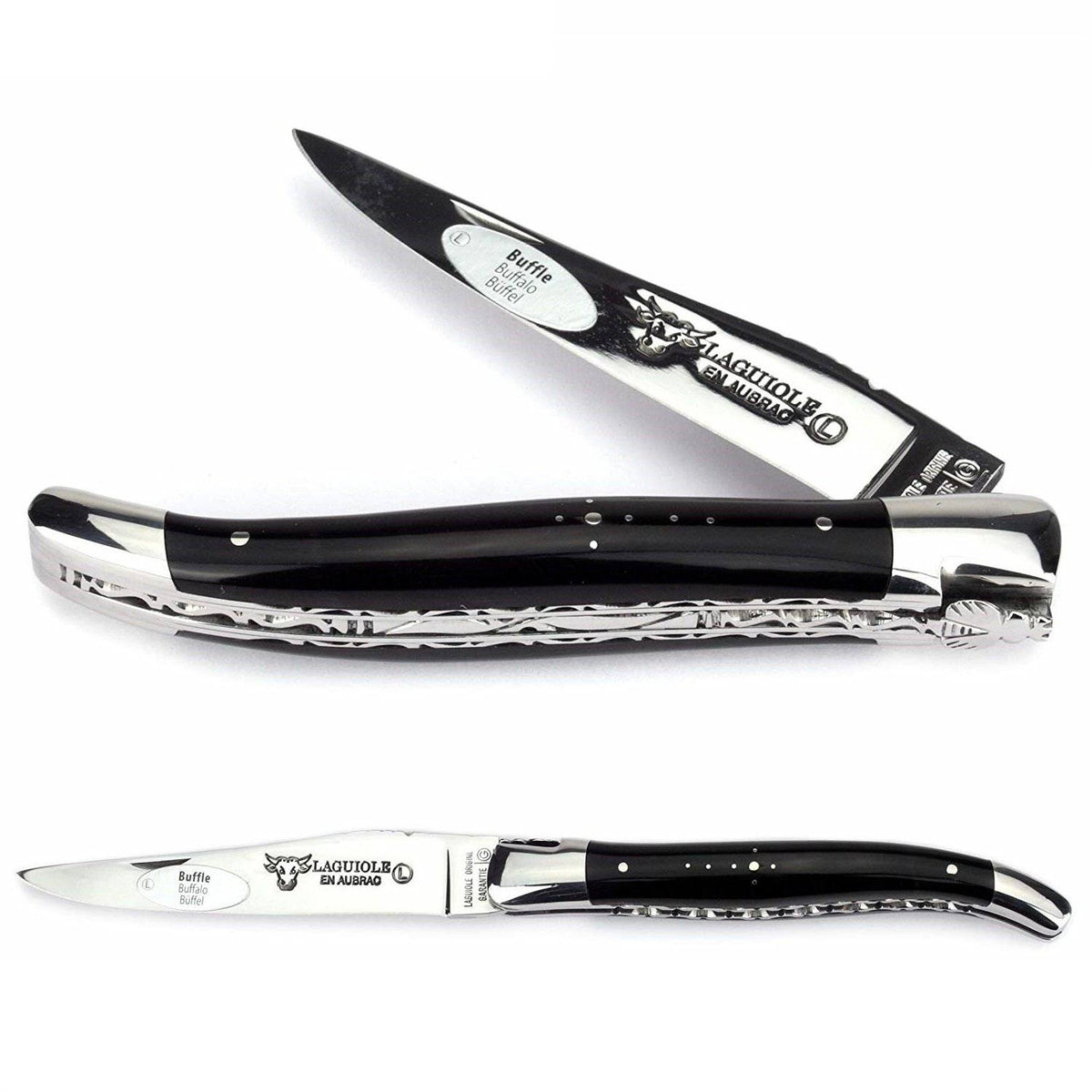 Black horn knife half open above a fully open view