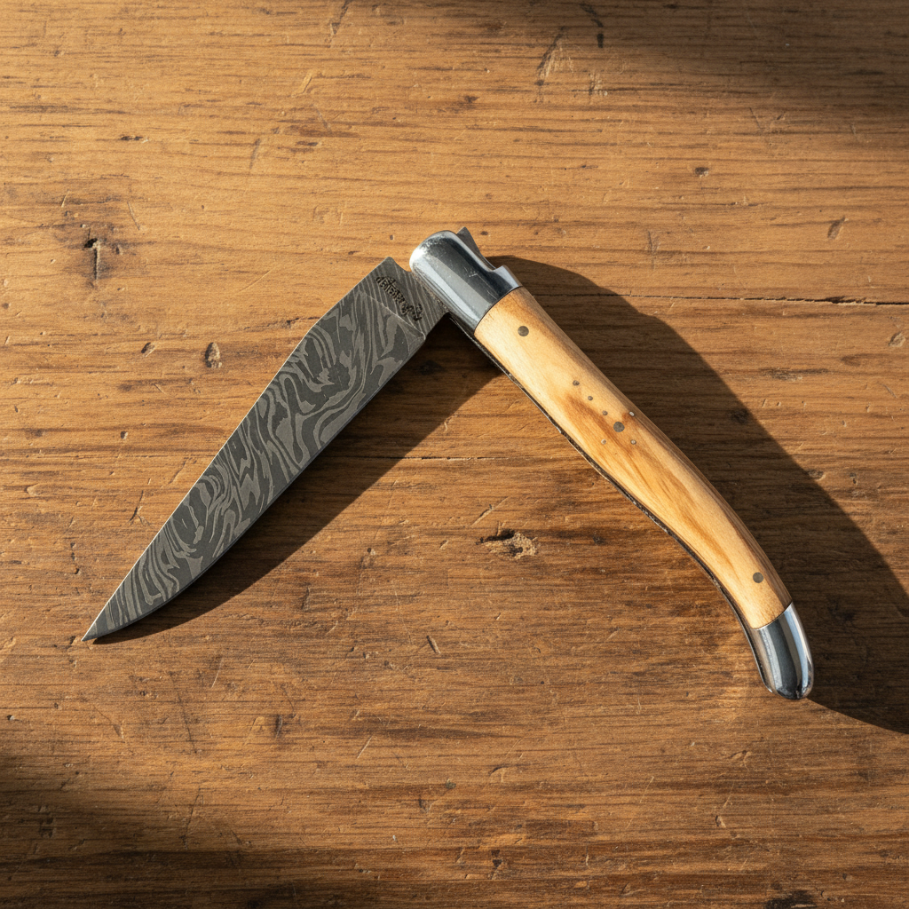 Half open knife on a sunlit wooden table