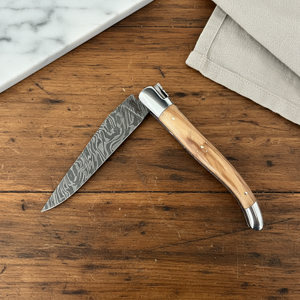 Half open knife on a wooden table beside marble and linen