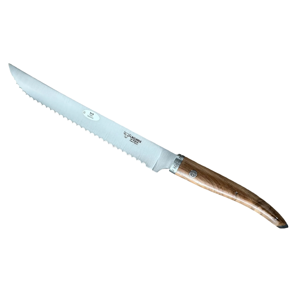 Serrated bread knife with teak handle on a white background