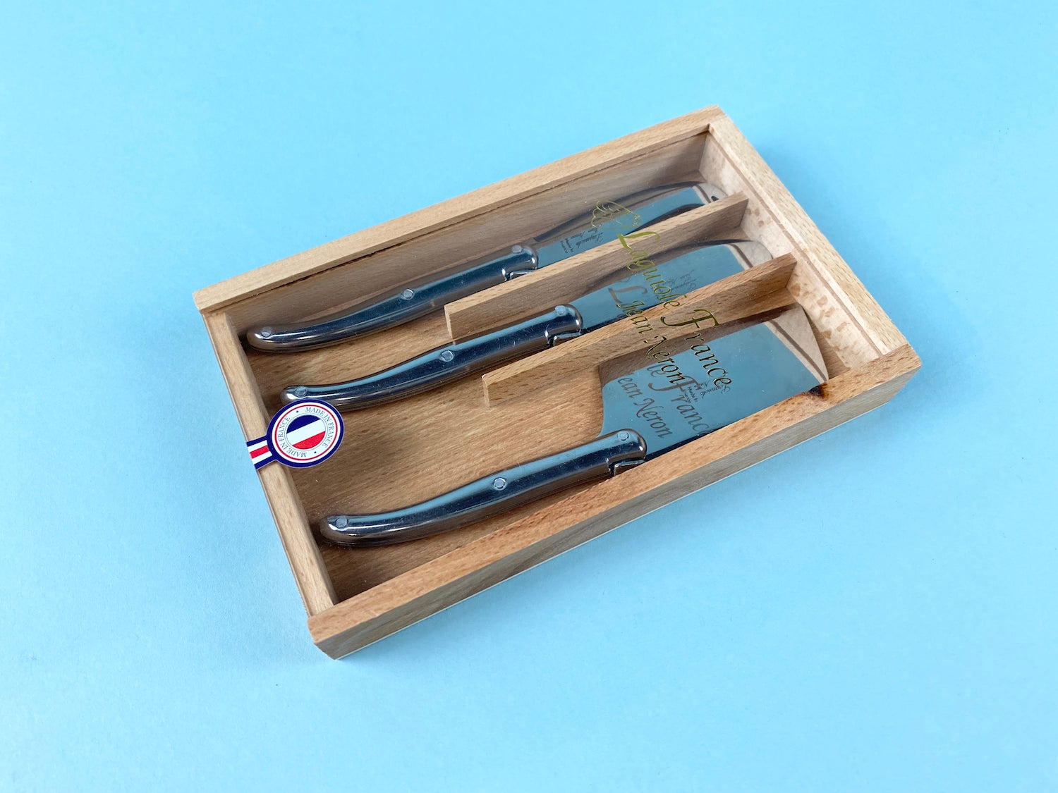 Laguiole 3 Piece Mini Cheese Utensil Set, Stainless Steel in Wood Box with Acrylic Lid