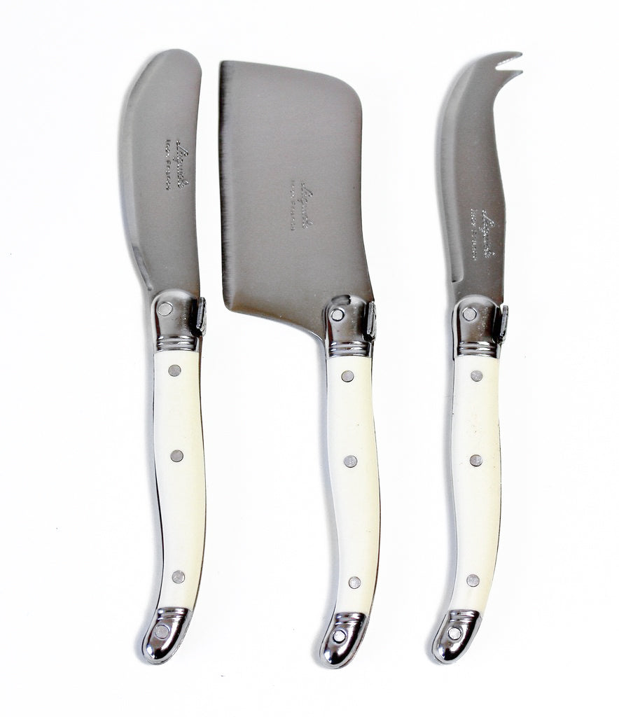 Laguiole 3 Piece Mini Cheese Utensil Set, Ivory in Wood Box with Acrylic Lid