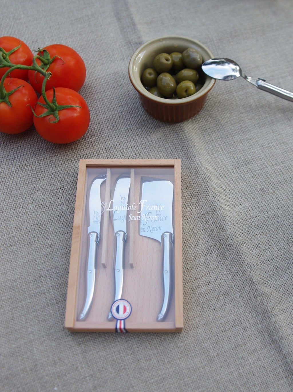 Laguiole 3 Piece Mini Cheese Utensil Set, Stainless Steel in Wood Box with Acrylic Lid